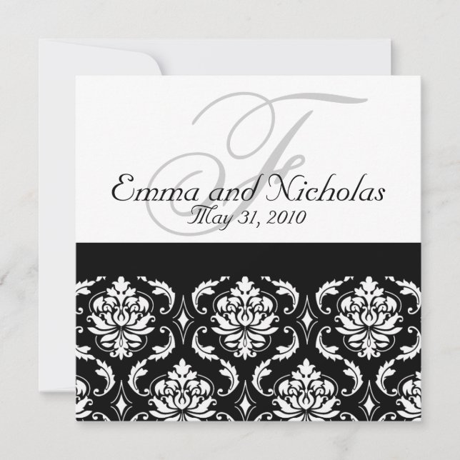 Faire-part de mariage Monogramme Damas noir et bla (Devant)
