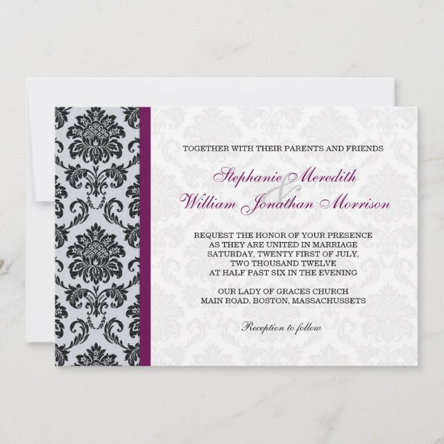 Faire-part de mariage Monogramme de Damas de prune (Devant)
