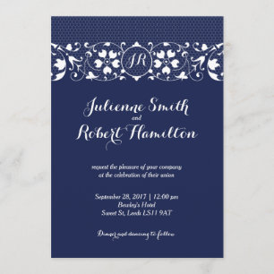 Faire-part de mariage Monogramme de dentelle bleu 