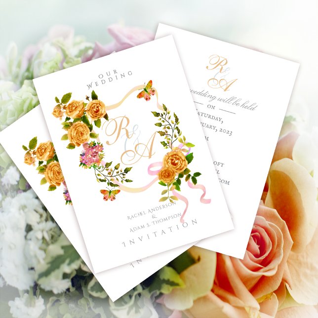 Faire-part de mariage Monogramme de ruban Rose d'o (Elegant Gold Rose Ribbon Monogram Invitation Card.)