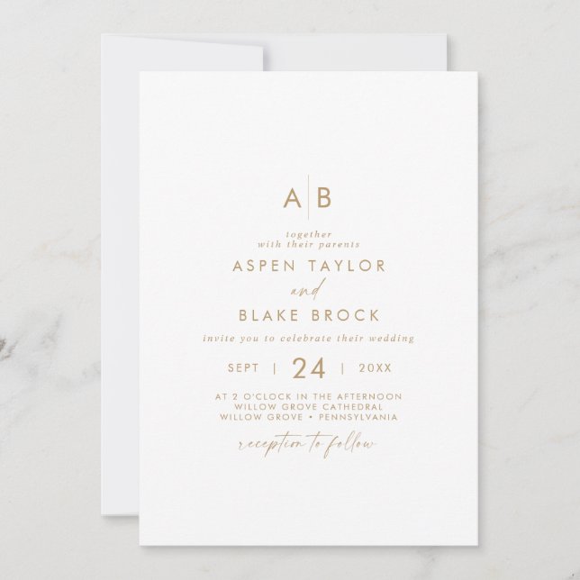 Faire-part de mariage Monogramme de script or mode (Devant)