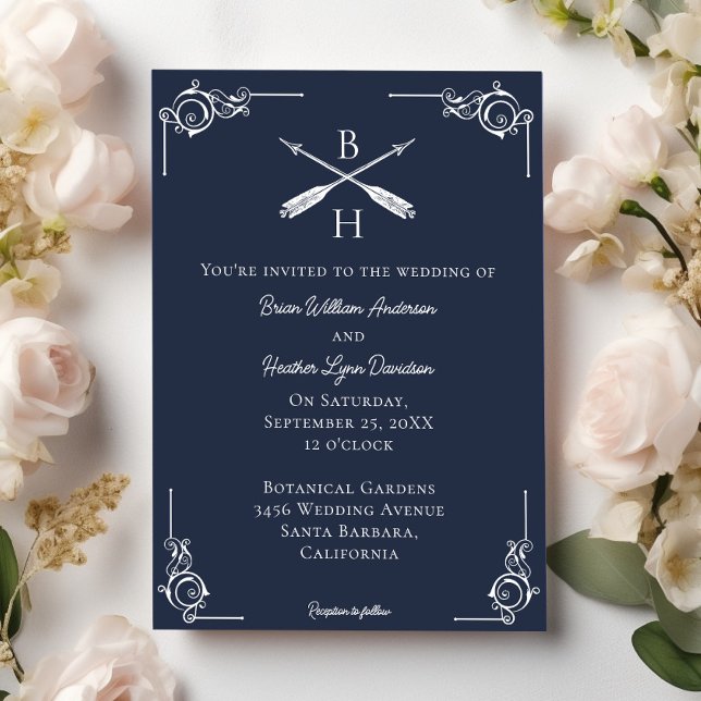 Faire-part de mariage Monogramme et flèches de mar (Navy Blue Monogram and Arrows Wedding Invitation)