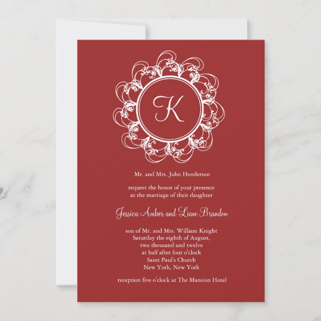 Faire-part de mariage Monogramme fantaisie (rouge) (Devant)