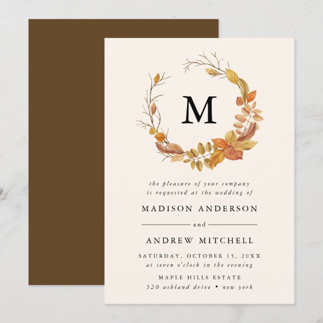 Faire-Part de Mariage Monogramme | Feuilles d'Auto (Devant / Derrière)