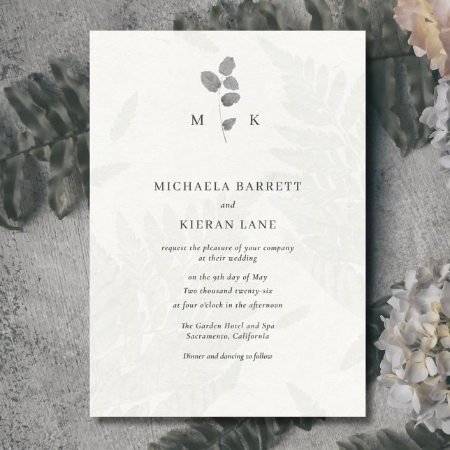 Faire-part de mariage Monogramme gris feuille bota (Elegant botanical leaf wedding invitation with monogram. )