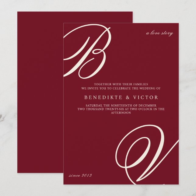 Faire-part de mariage Monogramme Ivoire Bourgogne (Devant / Derrière)