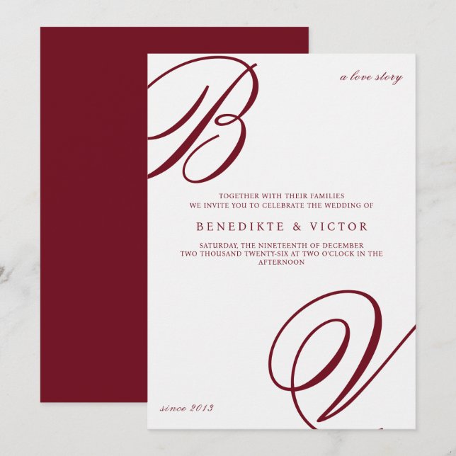 Faire-part de mariage Monogramme Ivoire Bourgogne (Devant / Derrière)