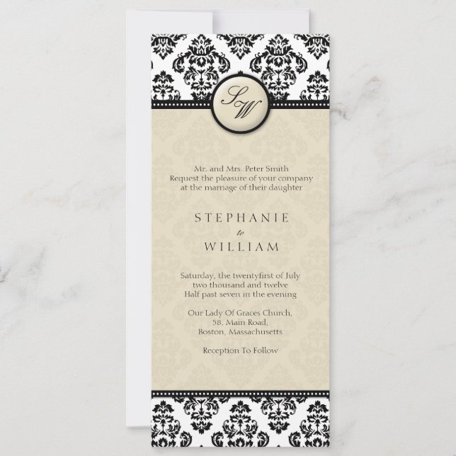 Faire-part de mariage Monogramme ivoire Damask (Devant)