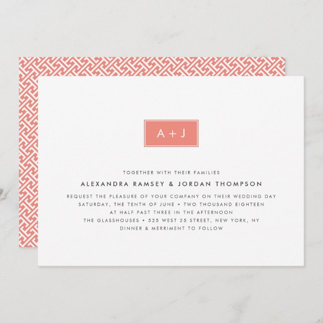 Faire-part de mariage Monogramme moderne | Corail (Devant / Derrière)