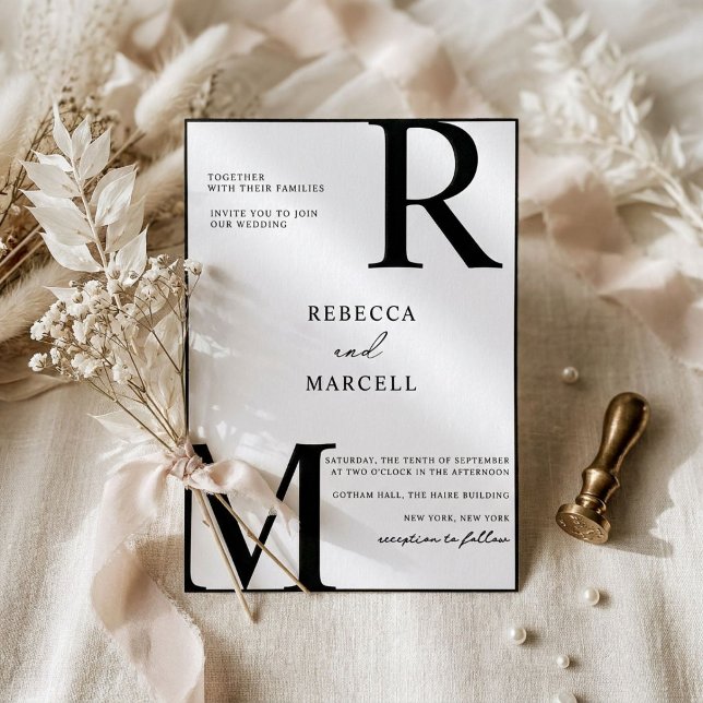 Faire-part de mariage monogramme noir et blanc mod (Créateur téléchargé)