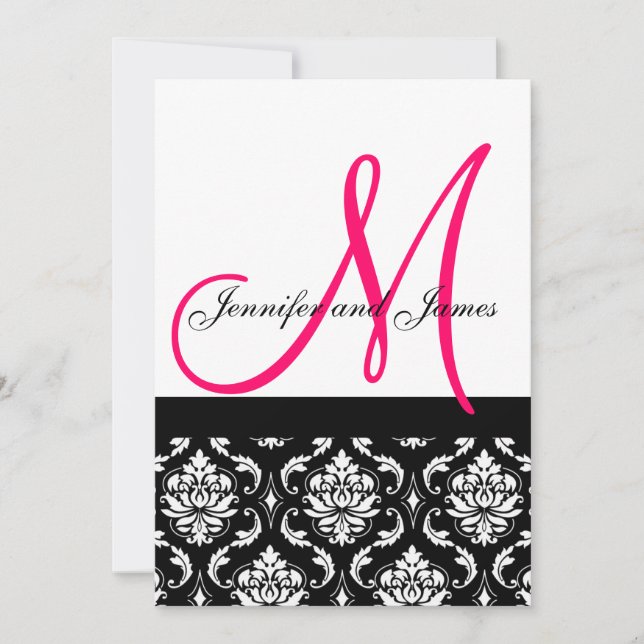 Faire-part de mariage Monogramme noir rose Damas (Devant)