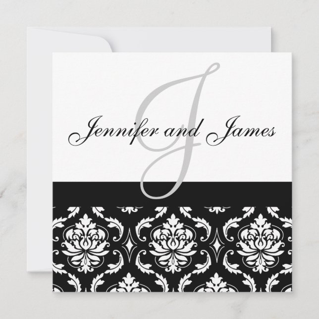 Faire-part de mariage Monogramme Noms Damassé Noir (Devant)