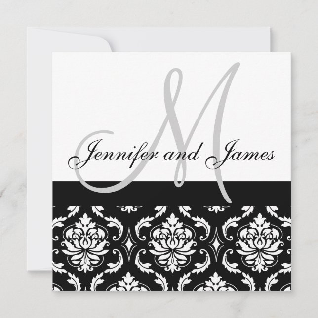 Faire-part de mariage Monogramme Noms Gris Damas (Devant)