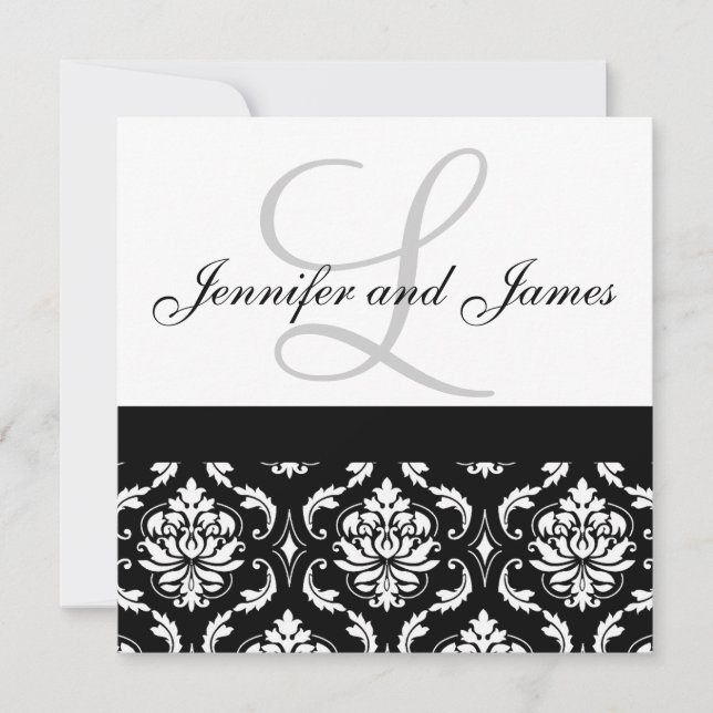 Faire-part de mariage Monogramme Noms Noir Damas (Devant)