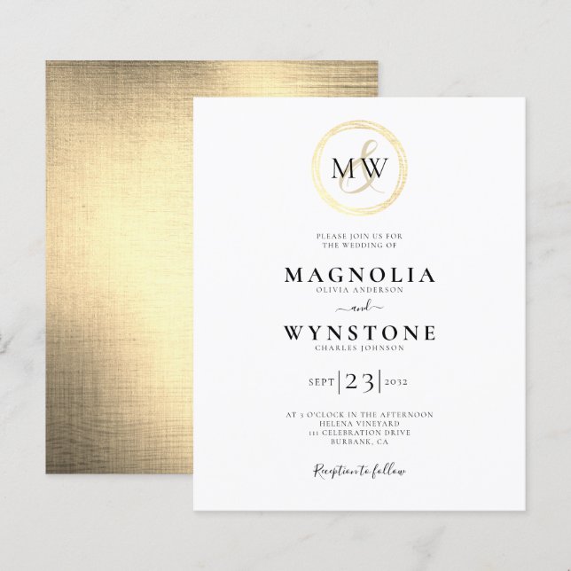 Faire-part de mariage Monogramme Or Budget (Devant / Derrière)