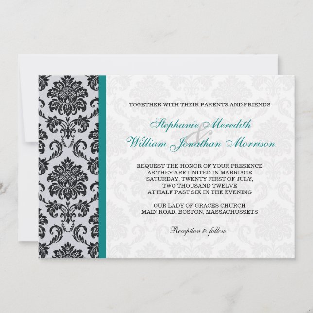 Faire-part de mariage Monogramme turquoise Damas (Devant)