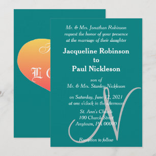 Faire-part de mariage Monogramme vert cyan Cœur de