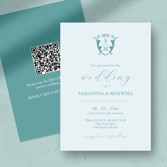 Faire-part de mariage monographique avec code QR (QR code wedding invitation blue minimalistic custom monogram crest )