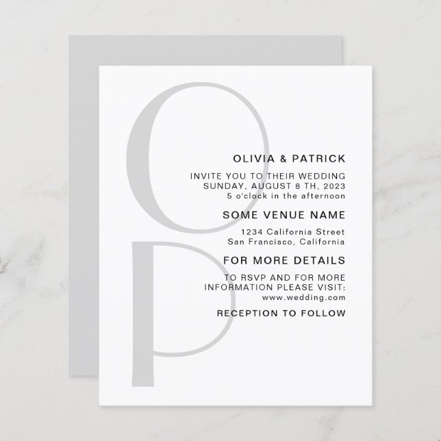 Faire-part de mariage monographique minimaliste de (Devant / Derrière)