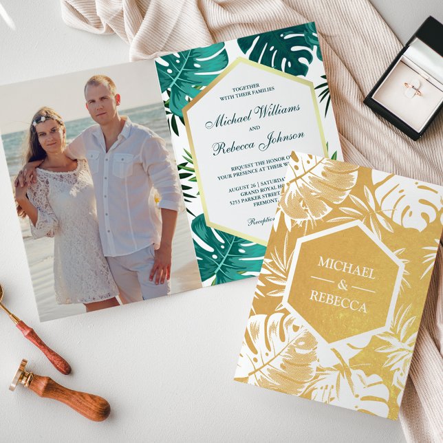 Faire-part de mariage Monstera sarcelle blanc feui (Créateur téléchargé)