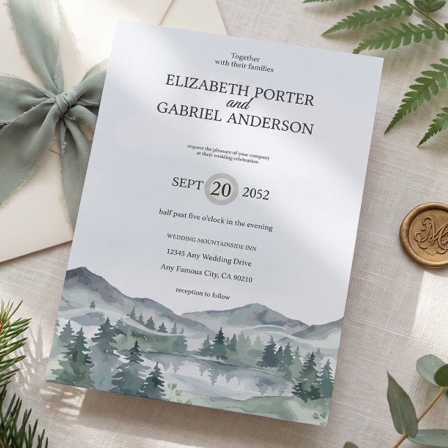 Faire-Part de Mariage Montagne Aquarelle Evergreen (Créateur téléchargé)
