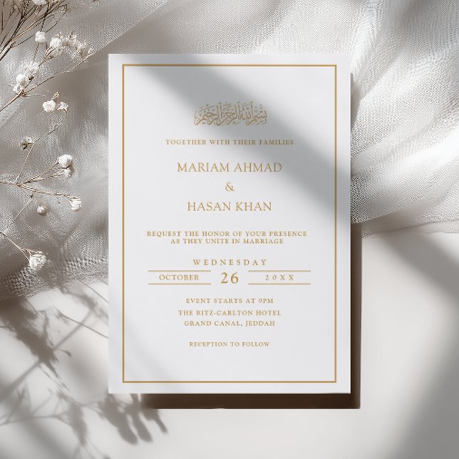 Faire-part de mariage musulman blanc à cadre doré  (Créateur téléchargé)