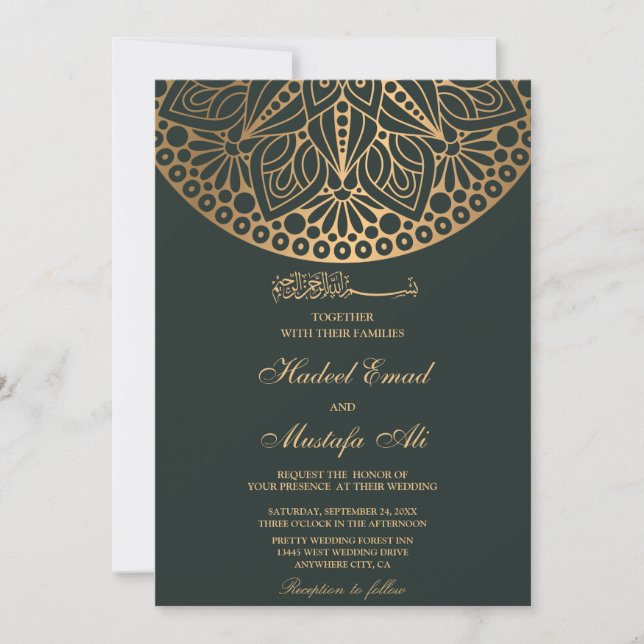 faire-part de mariage musulman vert et or (Devant)