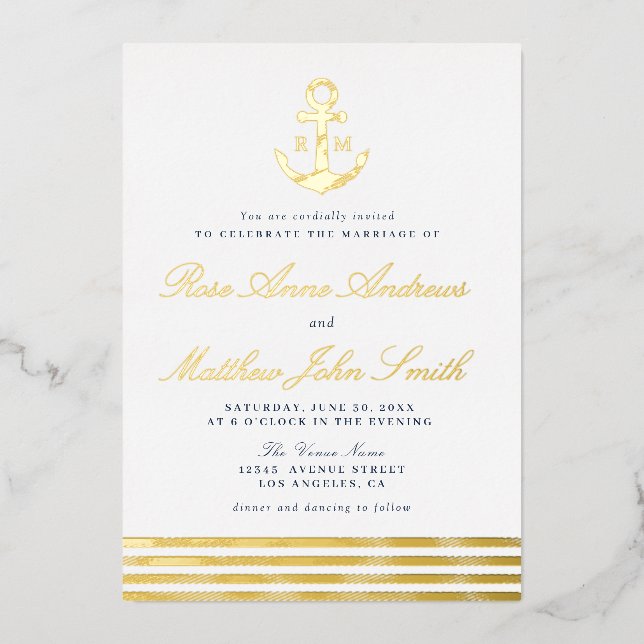 faire-part de mariage nautique à l'ancre dorée (Recto)