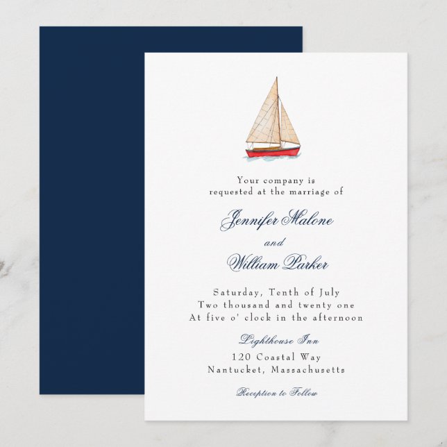 Faire-part de mariage nautique bateau à voile aqua (Devant / Derrière)