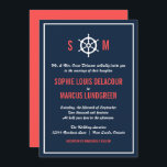 Faire-part de mariage nautique bleu et corail de l<br><div class="desc">Faire-part de mariage bleu marine foncé et corail avec une illustration de barre blanche entre les initiales de la mariée et les initiales du marié. Il conviendra parfaitement aux mariages nautiques ou aux mariages à thème marin et océanique.</div>