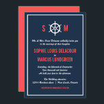 Faire-part de mariage nautique bleu et corail de l<br><div class="desc">Faire-part de mariage bleu marine foncé et corail avec une illustration de barre blanche entre les initiales de la mariée et les initiales du marié. Il conviendra parfaitement aux mariages nautiques ou aux mariages à thème marin et océanique.</div>