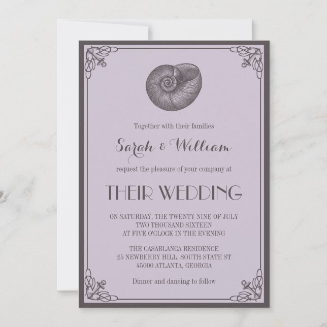 Faire-part de mariage nautique coquillage gris vio (Devant)