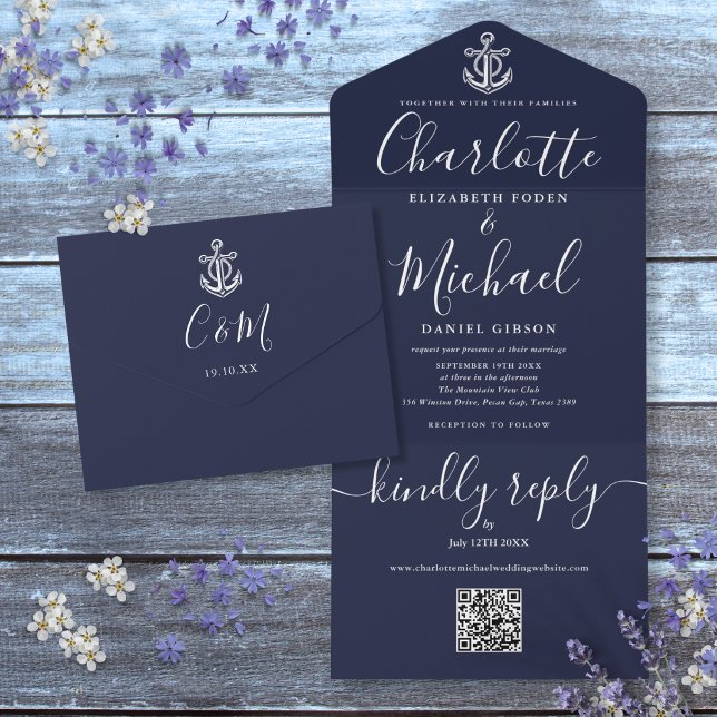 Faire-part de mariage nautique d'ancre de code QR  (Navy Blue QR Code Script Anchor Nautical Wedding All In One Invitation)