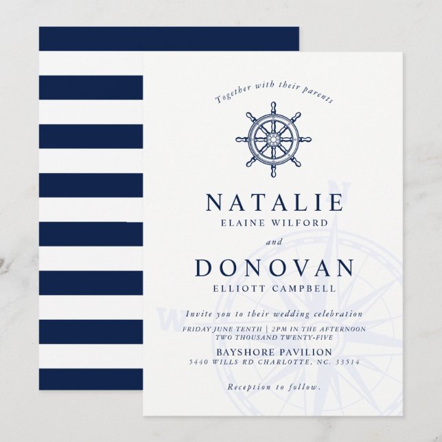 Faire-part de mariage nautique de la roue du navir (Devant / Derrière)