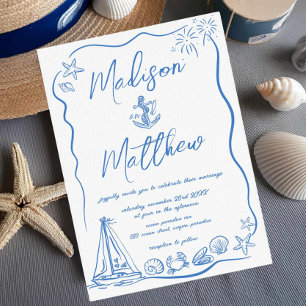 Faire-part de mariage nautique et plage avec dessi