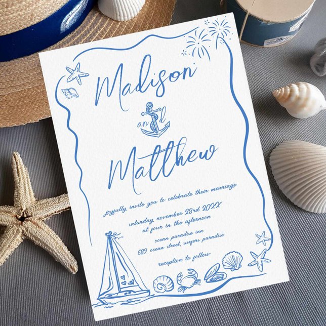 Faire-part de mariage nautique et plage avec dessi (Créateur téléchargé)