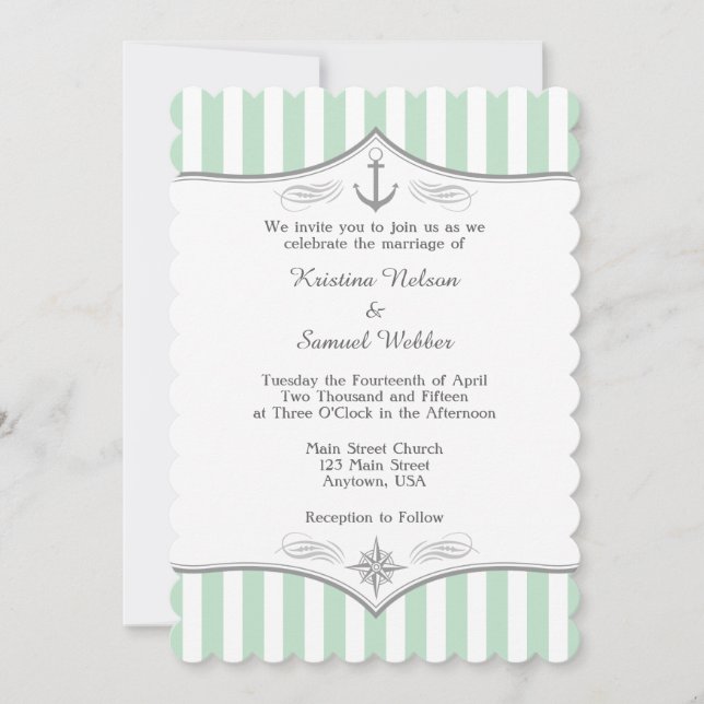 Faire-part de mariage nautique gris blanc vert men (Devant)