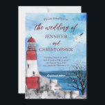 Faire-part de mariage nautique phare<br><div class="desc">Elégante calligraphie faire-part de mariage avec une aquarelle paisible scène de phare rouge. Simple,  beau script rouge gras qui peut être facilement édité avec vos informations.</div>