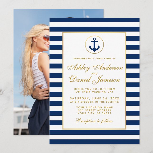 Faire-part de mariage nautique rayures bleues G ph (Devant / Derrière)