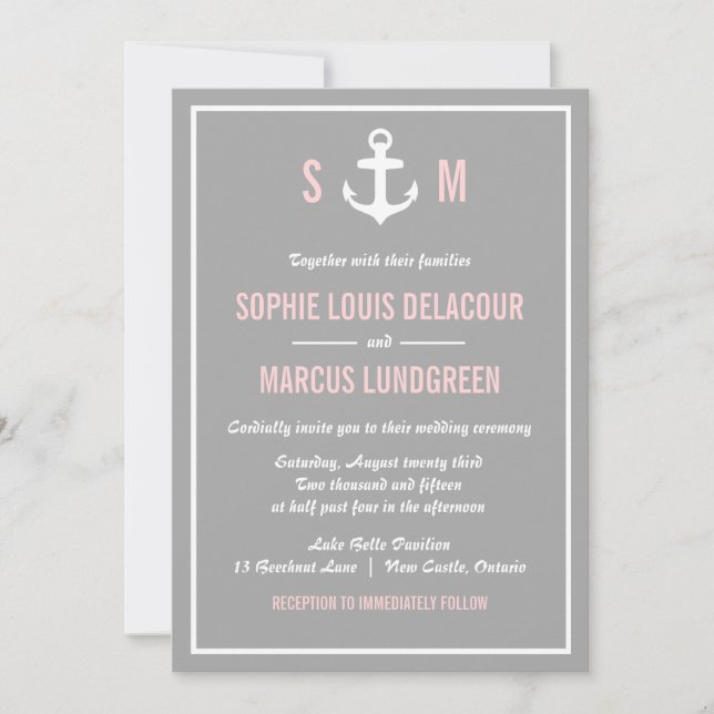 Faire-part de mariage nautique rose et gris (Devant)