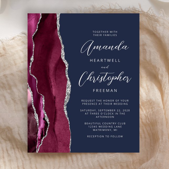Faire-part de mariage Navy Agate Argent Bourgogne  (Créateur téléchargé)