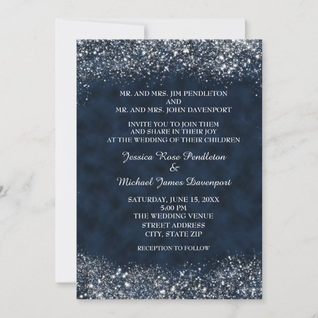 Faire-part de mariage Navy Blue et White Stardust (Devant)