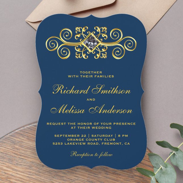 Faire-part de mariage Navy Blue Gold Flourish (Créateur téléchargé)
