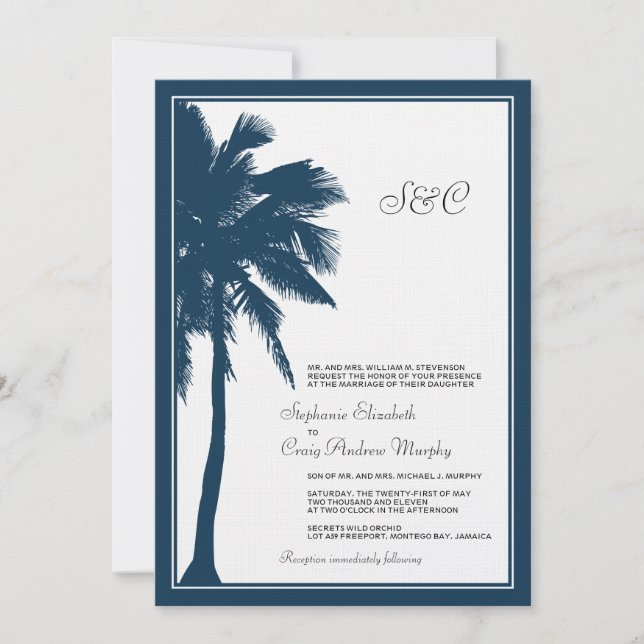 Faire-part de mariage Navy Blue Palm Tree (Devant)