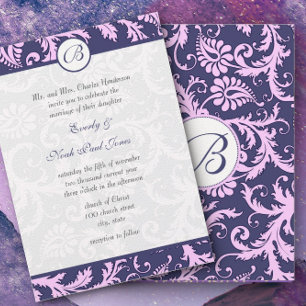 Faire-part de mariage Navy Blue & Pink Damask
