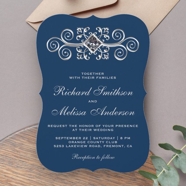 Faire-part de mariage Navy Blue Silver Flourish (Créateur téléchargé)