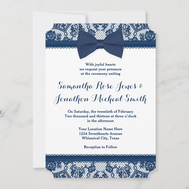 Faire-part de mariage Navy Blue & White Lace Bow (Devant)