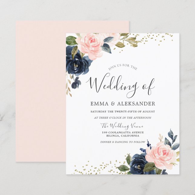 Faire-part de mariage Navy & Blush à petit budget (Devant / Derrière)