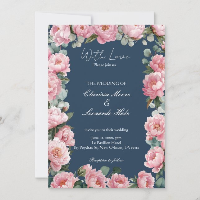Faire-part de mariage Navy Blush Peony Eucalyptus (Devant)