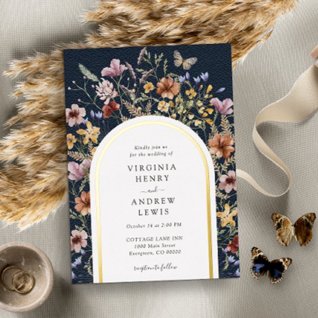 Faire-part de mariage Navy Boho Arch (Navy Blue Boho Arch Wedding Gold Foil Invitation by Painted Paperie
)